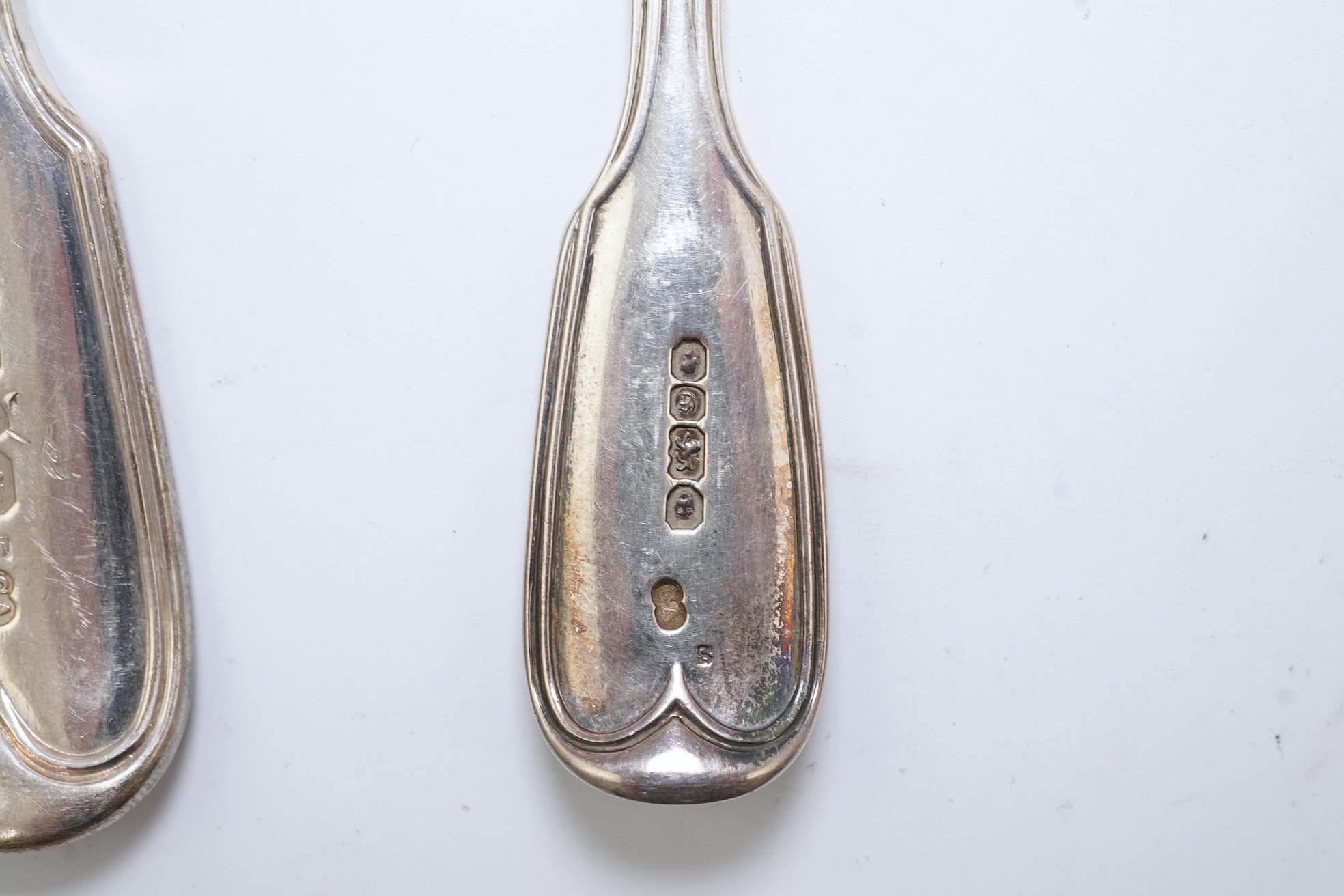 A part canteen of Victorian silver double struck fiddle and thread pattern flatware, by George Adams